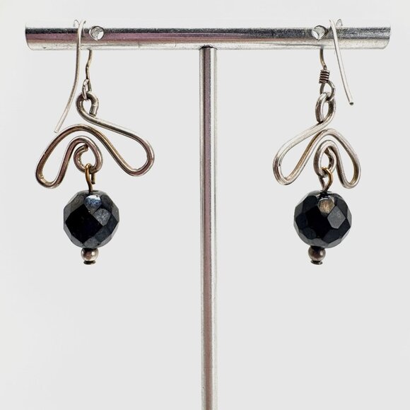 VTG Sterling Silver 925 Black Bead Freeform Dangle Earrings Size 1.5" Length - Picture 5 of 8